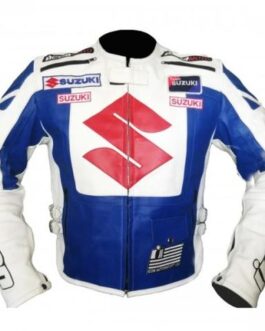 SUZUKI BLUE AND WHITE MOTORCYCLE LEATHER RACING JACKET