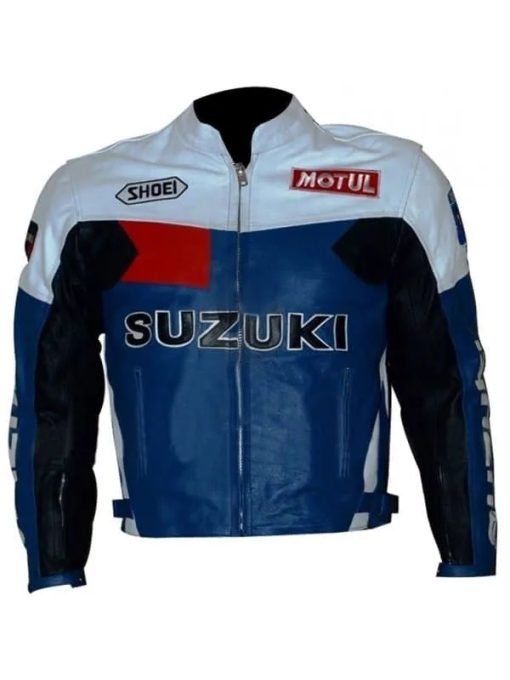 Men Suzuki Blue And White Motorcycle Jacket