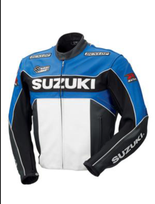 SUZUKI BLUE AND WHITE GSXR MOTORCYCLE LEATHER RACE JACKET