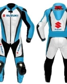 SUZUKI GSXR BLUE AND WHITE MOTORCYCLE LEATHER RACING SUIT