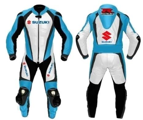 SUZUKI GSXR BLUE AND WHITE MOTORCYCLE LEATHER RACING SUIT