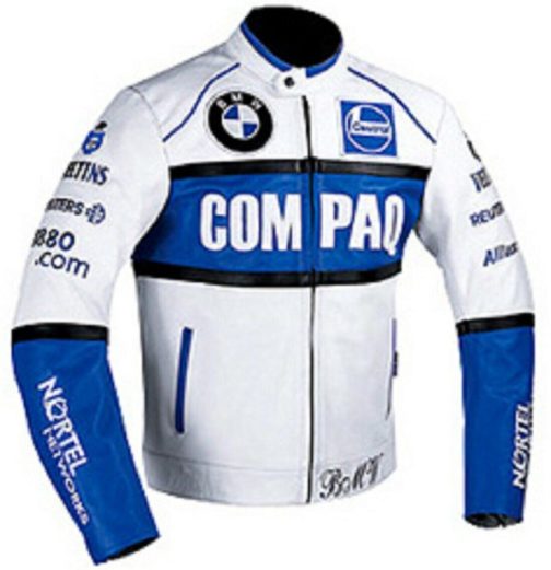 BMW Compaq Motorcycle White Leather Racing Jacket