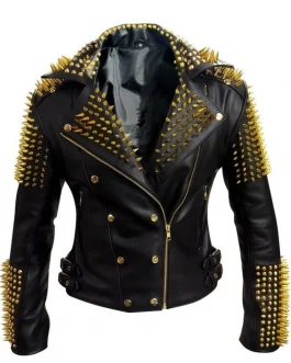 Men Gothic Fashion Leather Jacket with Heavy Metal Spikes and Studs, Golden Studded Jacket