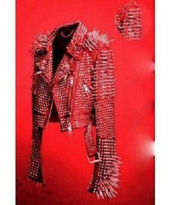 New Mens Full Red Punk Heavy Metal Long Spiked Studded Button Up Leather Jacket