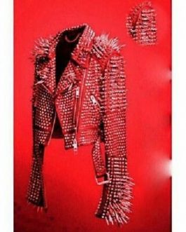 New Mens Full Red Punk Heavy Metal Long Spiked Studded Button Up Leather Jacket