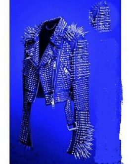 New Mens Full Blue Punk Heavy Metal Long Spiked Studded Button Up Leather Jacket