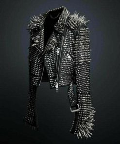 New Mens Full Black Punk Heavy Metal Long Spiked Studded Button Up Leather Jacket