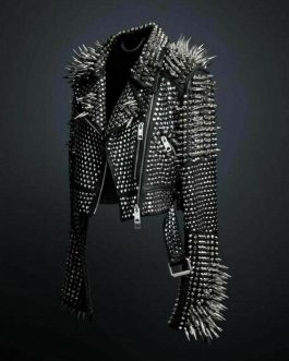 New Mens Full Black Punk Heavy Metal Long Spiked Studded Button Up Leather Jacket